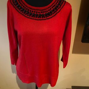 Victor Costa Occasion Red Sweater/Blouse with Black Beading Around the Neck